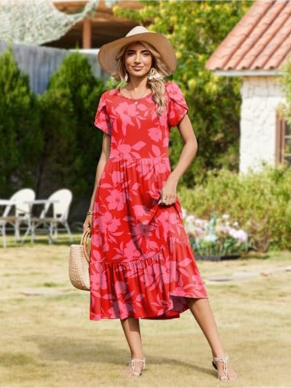 ZEAGOO Flowy Tiered Midi A Line Dress with Pockets, Casual Summer Beach Sundress - Picture 3 of 5